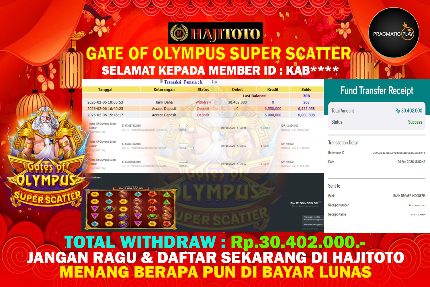 SELAMAT KEPADA PEMENANG MEMBER MERAIH JACKPOT DI GAME SLOT GATE OF OLYMPUS SUPER SCATTER TOTAL RP 30.402.000 DI BAYAR LUNAS